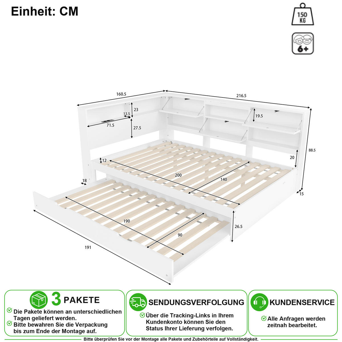SCHLAFSOFA 140/200 cm & 90/190 cm in Weiß mit Regal, Stauraum und USB - Weiß, Holz/Holzwerkstoff (140/200cm) - CHICFURN