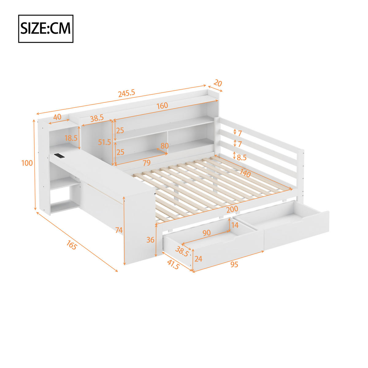 MULTIFUNKTIONSBETT 140/200 cm Weiß aus Massivholz mit Schreibtisch und Regalen - Weiß, Holz (140/200cm) - OKWISH