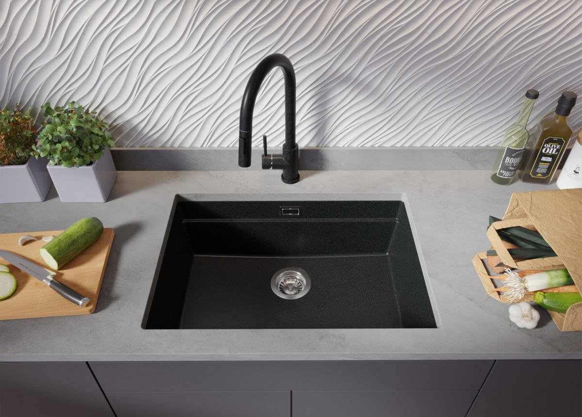 UNTERBAUSPÜLE GRANIT Praga, 2-er set Anthrazit 66/47 cm 1 Becken + Ablauf-Set + Aufrollbare Abtropffläche ab 70er Unterschrank - Chromfarben/Anthrazit, Kunststoff (66/20/47cm) - Primagran