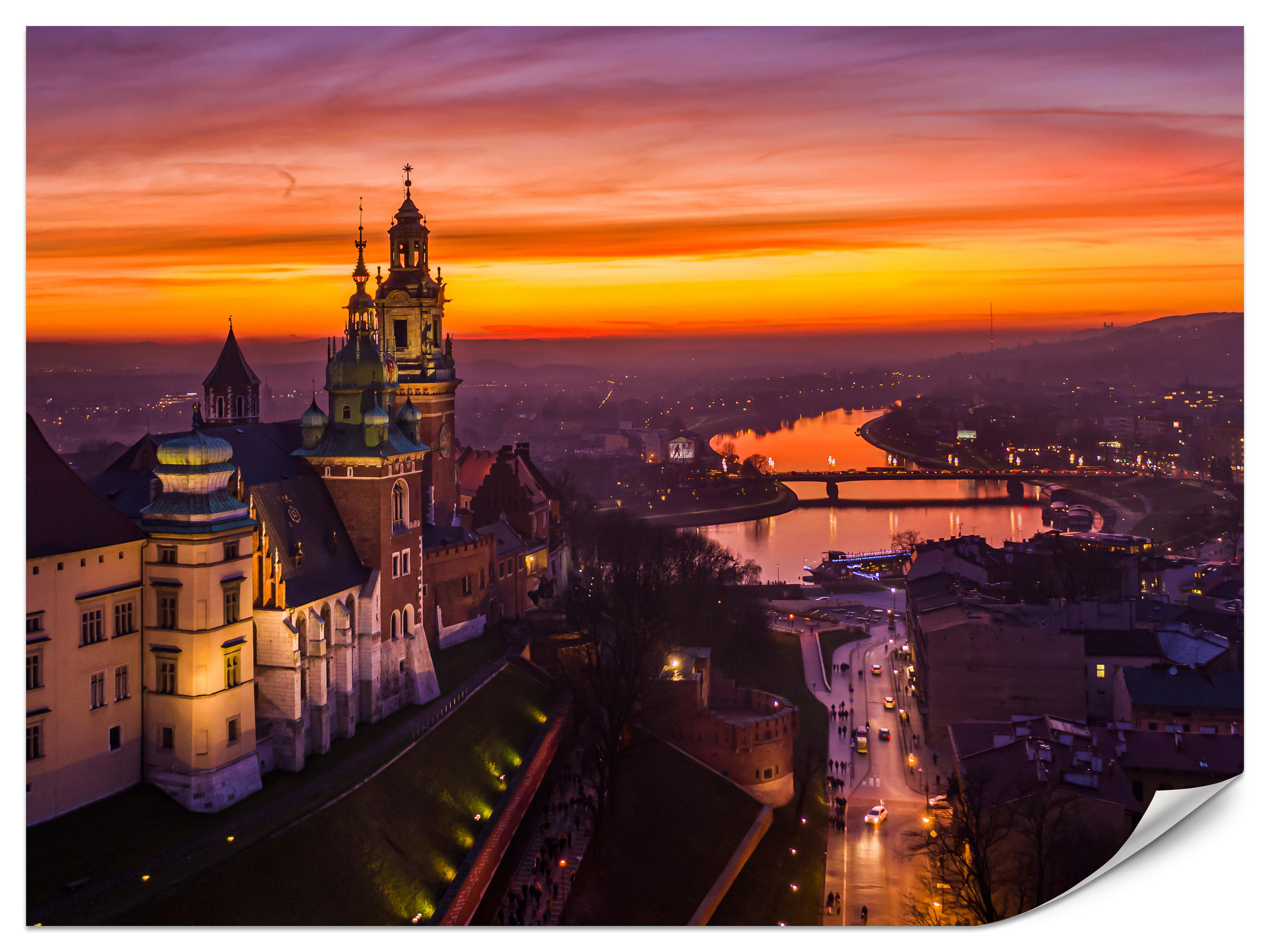FOTOTAPETE für Wohnzimmer Sonnenuntergang Wawelburg Architektur Stadt 300x210 - Orange, Papier (300/210cm) - Muralo