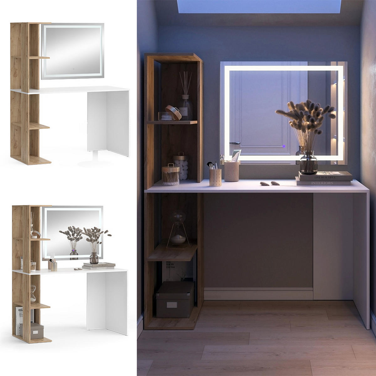 SCHMINKTISCH Tower Weiß/Sonoma 122.2 cm mit LED-Spiegel - Weiß/Sonoma Eiche, Holzwerkstoff (122.2/75.8/55.2cm) - Vicco