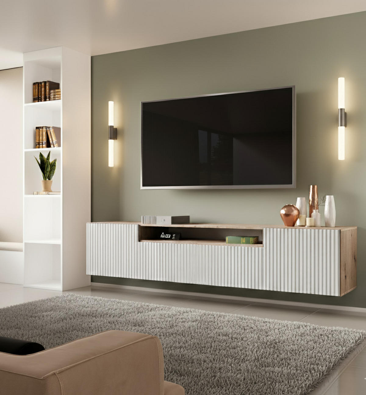 LOWBOARD Noa, Hängender TV-Schrank mit Push-to-Open System, eiche Artisan+weiß - Eiche Artisan/Weiß, Holzwerkstoff (200/41/40cm) - AN-Moebel 4u