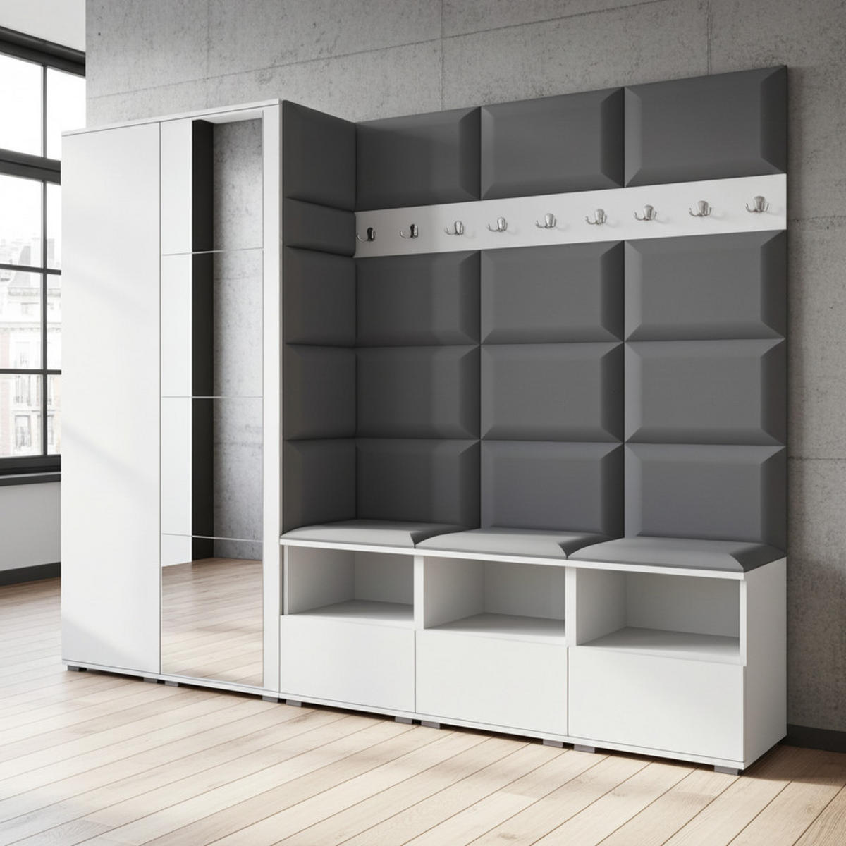 GARDEROBE NELA VII 250 cm (Modulare Flurmöbel XL Weiß mit Spiegel & Sitzpolster Dunkelgrau 15 Universell) - Dunkelgrau/Silberfarben, Holz/Holzwerkstoff (250/187/40cm) - Ravio