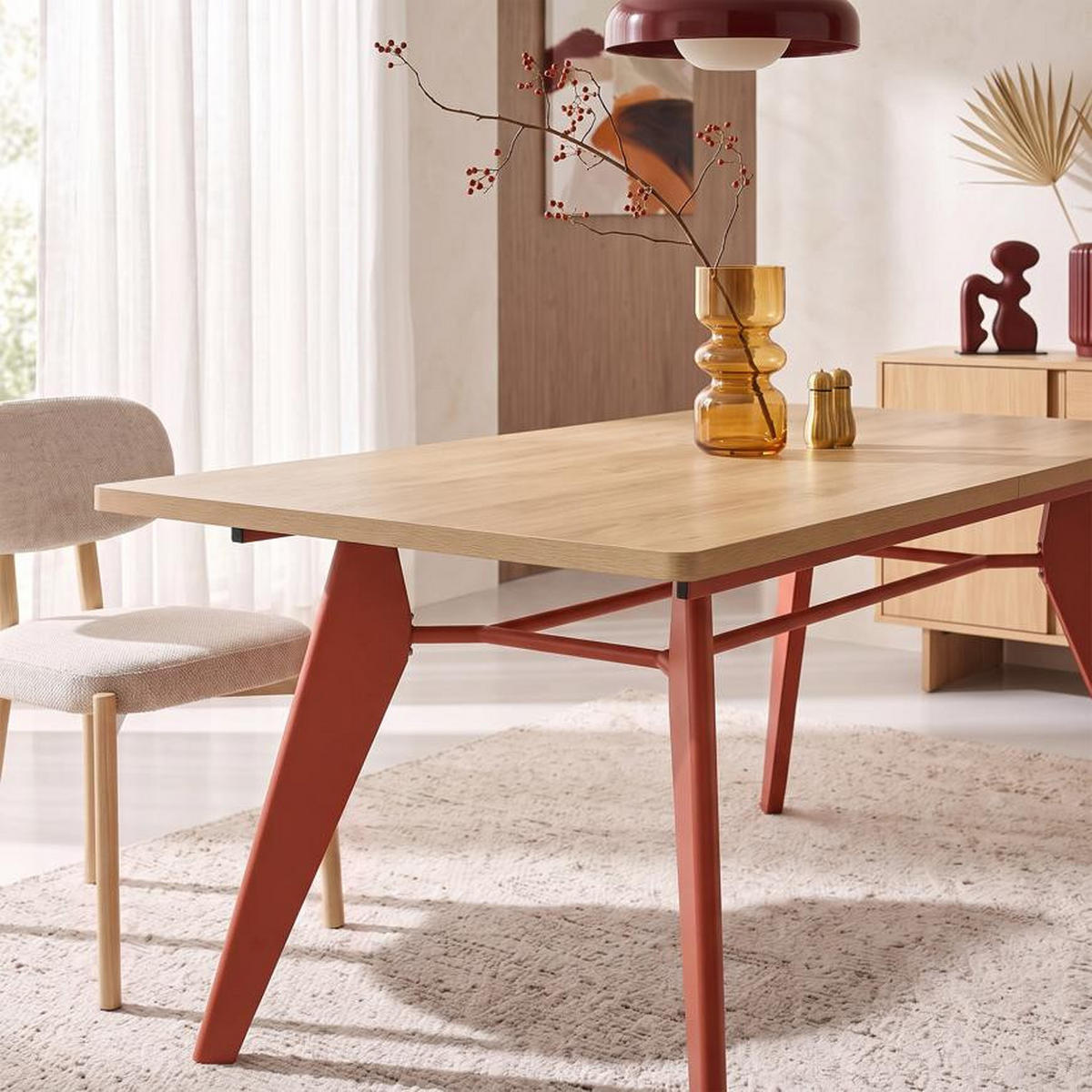 ESSTISCH ausziehbar 140/180cm Metallbeine Terracotta und Tischplatte Eiche-Optik Meloe - Eichefarben/Terracotta, Holzwerkstoff/Metall (90/140/76cm) - Sicaan