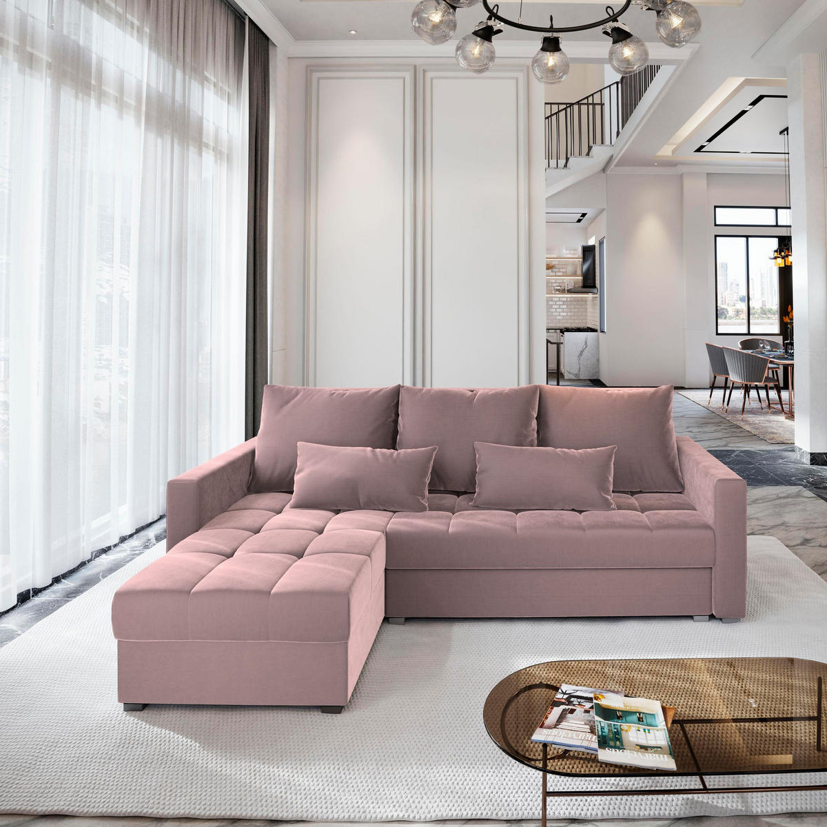 ECKSOFA KOS PIK Rosa Plüsch-Stoff mit Schlaffunktion - Rosa, Holz (220/140cm) - MASSENO