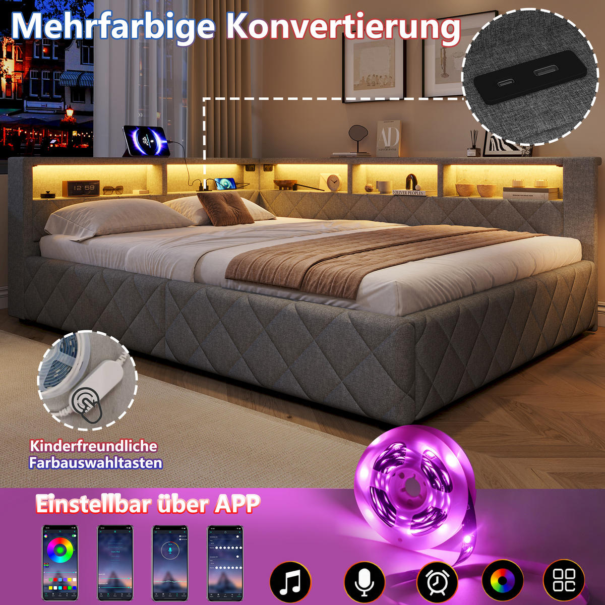 SCHLAFSOFA 140 x 200 cm, Grau, Leinen, LED, USB - Grau, Naturmaterialen (140/200cm) - FLIEKS