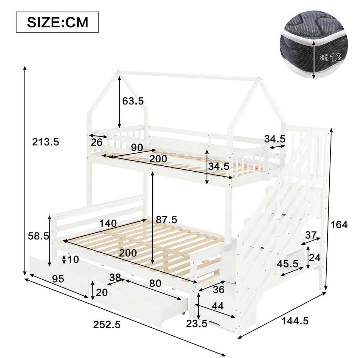 ETAGENBETT Kinderbett mit Treppenschrank, 2 Schubladen, Weiß, 90/200 cm & 140/200 cm - Weiß, Holz (140/200cm) - MIVRAY