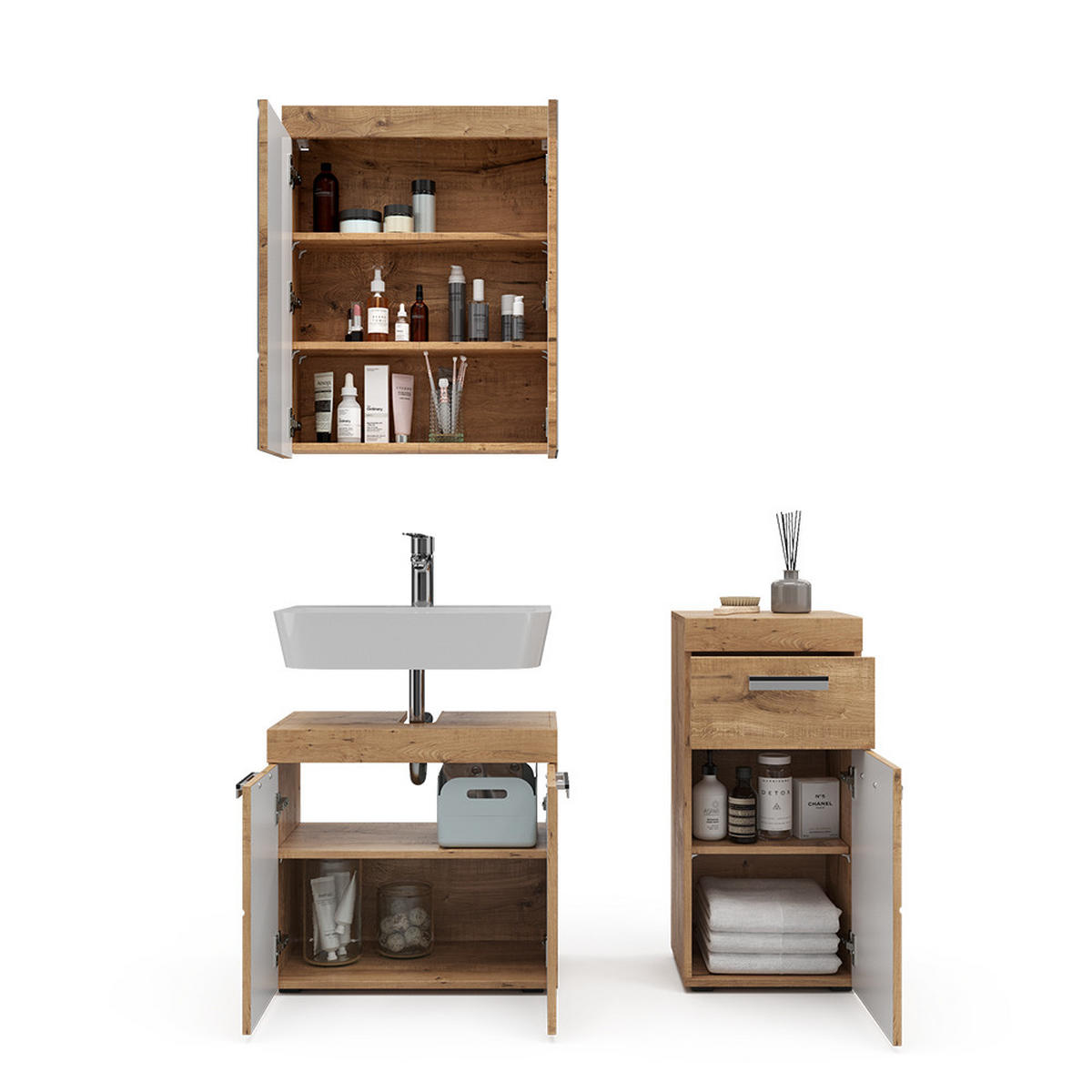 BADMÖBEL-SET Luna Eiche Wotan 3 Teile, mit Midischrank - Eiche Wotan, Holzwerkstoff (60/56/34cm) - Vicco