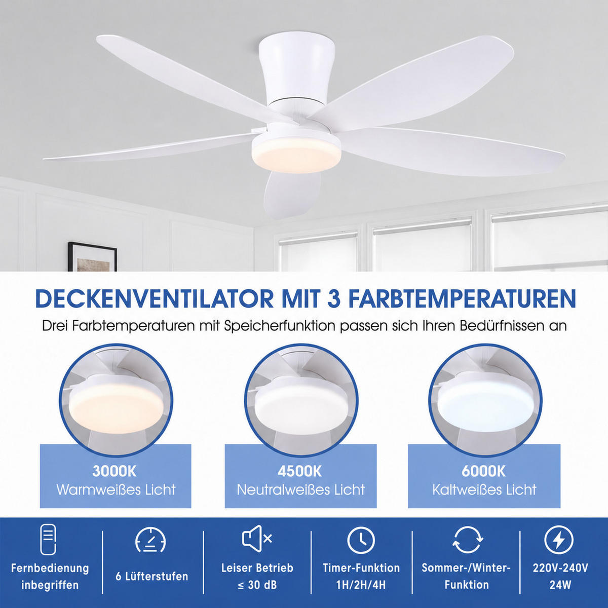 DECKENVENTILATOR Weiß 106,7 cm mit LED und leisem DC-Motor - Weiß, Kunststoff (106.7/106.7/21.8cm) - Surtime
