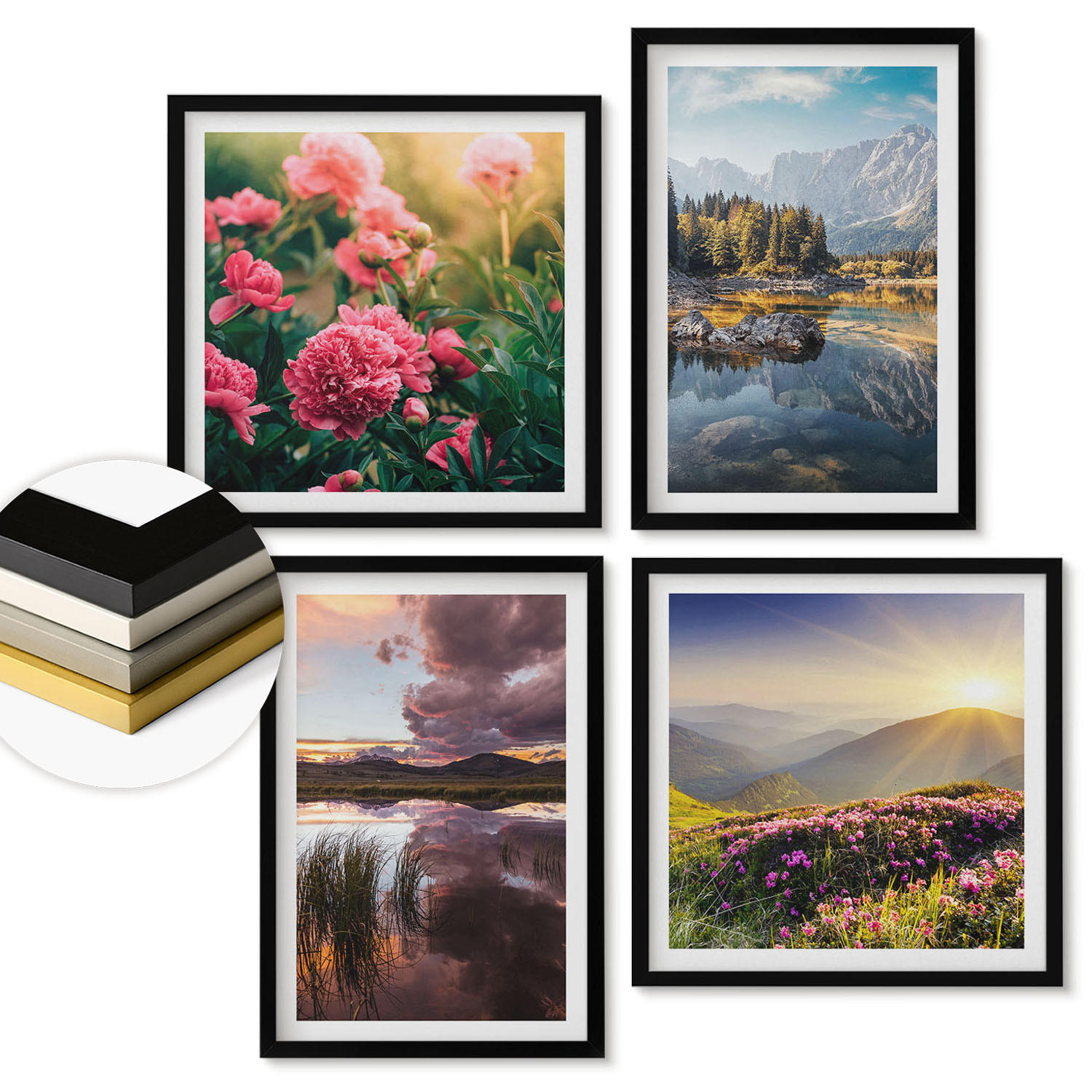 WANDBILDER 4er-Set - 50x50 cm & 40x60 cm Schwarzer Rahmen - Blumengarten, Bergwiese, Wasser - Schwarz, Kunststoff (50/50cm) - ArtPrintCave