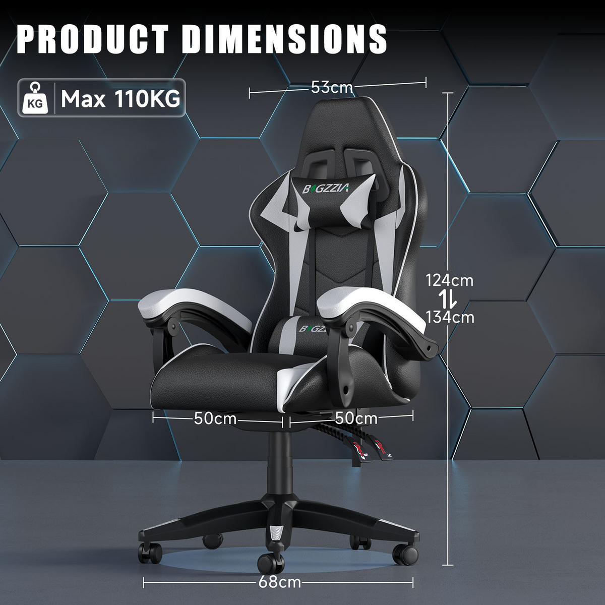 GAMING-STUHL ergonomisch, verstellbare Rückenlehne, Kissen – Schwarz/Weiß - Weiß, Leder (59/120/56cm) - Rattantree