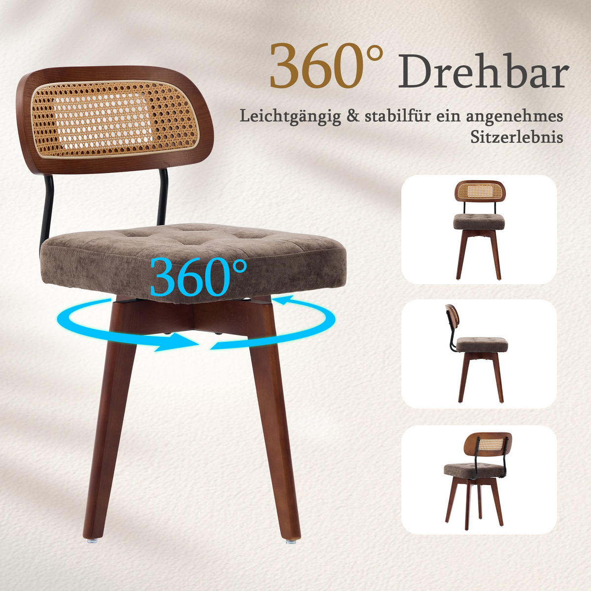 ESSZIMMERSTUHL 2er Set 360° drehbar, Wiener Geflecht, Chenille, Massivholz, Dunkelbraun - Dunkelbraun/Walnussfarben, Holz/Textil (43/77/50cm) - LVHOM