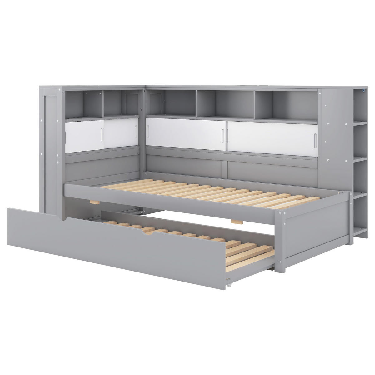 MULTIFUNKTIONSBETT 90/200 cm grau mit Ausziehbett und USB-Ladeanschluss - Grau, Holzwerkstoff (90/200cm) - OKWISH