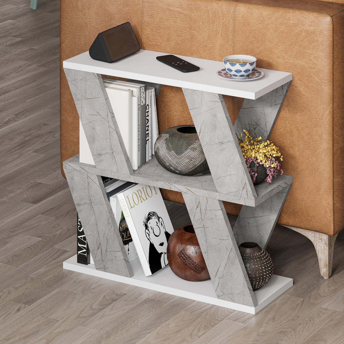 BEISTELLTISCH Lazena Weiß, Goldmarmor-Effekt 60/22/55,4 cm - Creme, Holzwerkstoff (22/60/55.4cm) - Decortie