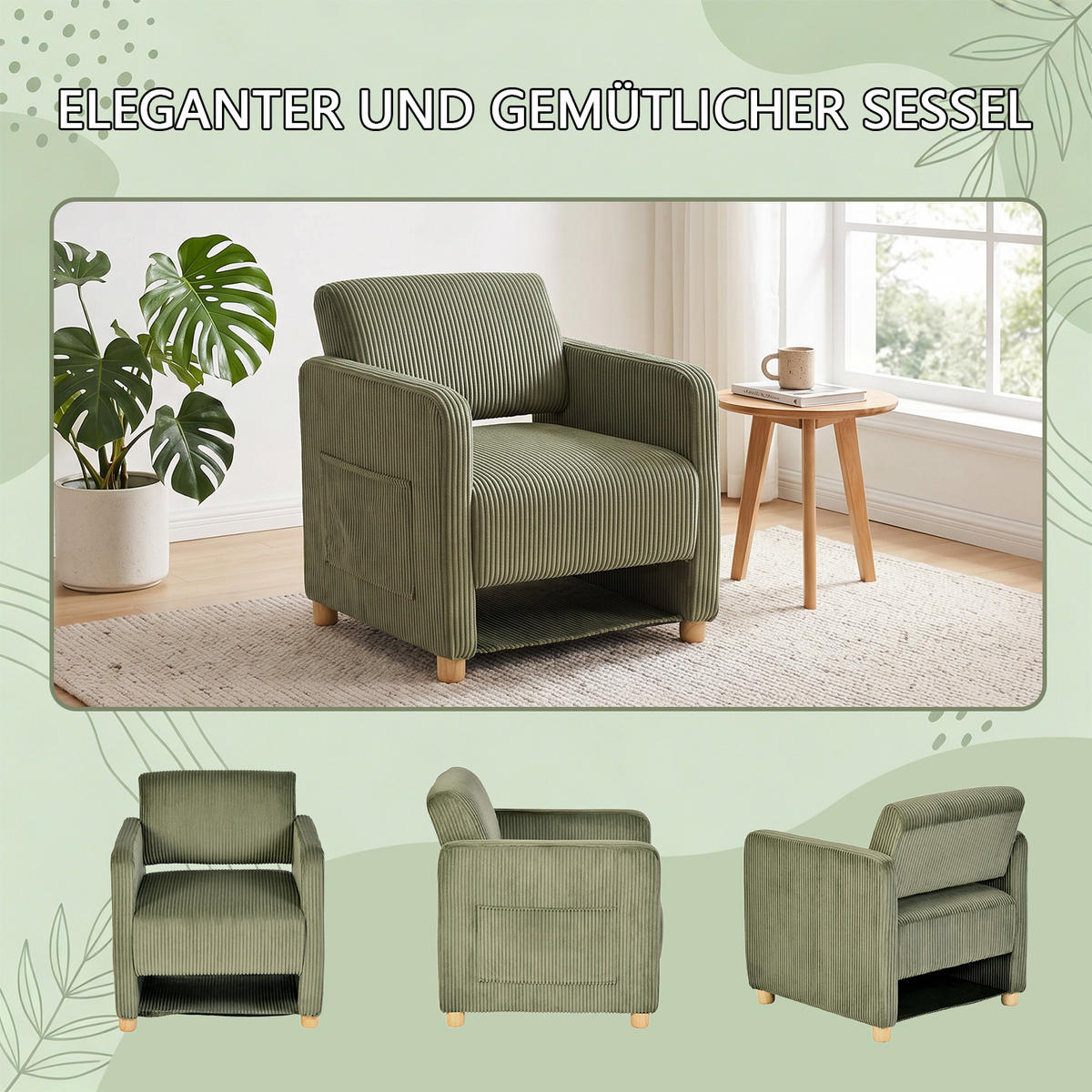 SESSEL, Gepolsterte breite Sitzfläche mit Armlehnen, Cordbezug, Massivholzfüße, Grün - Grün, Holz/Textil (66/76.5/73.5cm) - Meubles Cosy
