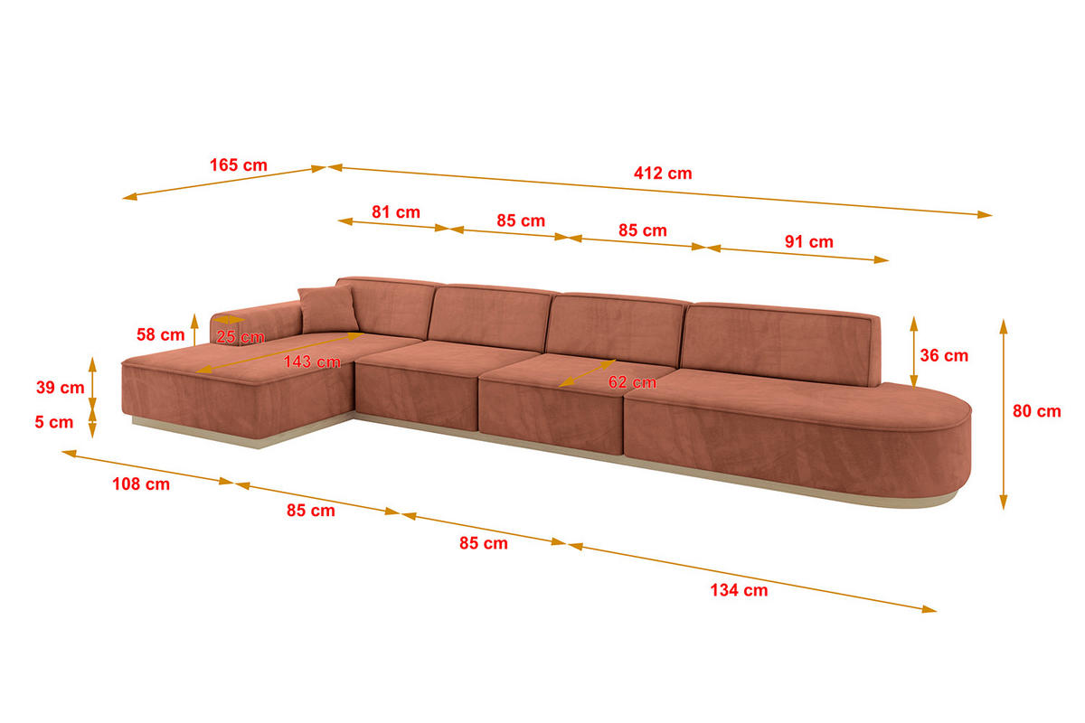 ECKSOFA Ottomane Links IREA-L3 - 412x165x80 cm Apricot - Koralle, Holzwerkstoff/Textil (412/165cm) - ALTDECOR