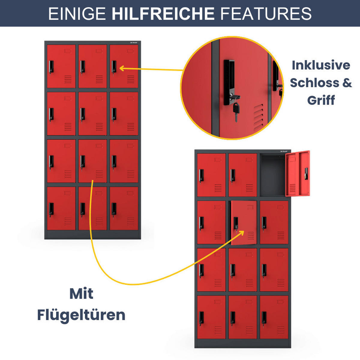 SCHLIESSFACHSCHRANK Spind BERN 12 Fächer185x90x40cm Anthrazit-Rot - Anthrazit, Metall (90/185/40cm) - DELUKE
