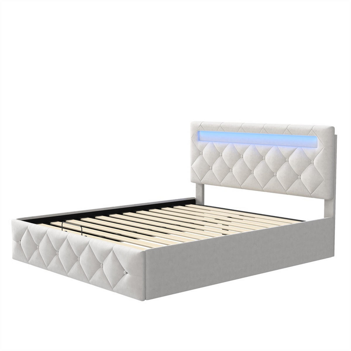 POLSTERBETT 140x200 cm - mit LED-Beleuchtung und hydraulischem Bettkasten - ohne Matratze - Samt - Creme, Textil (140/200cm) - DELFA