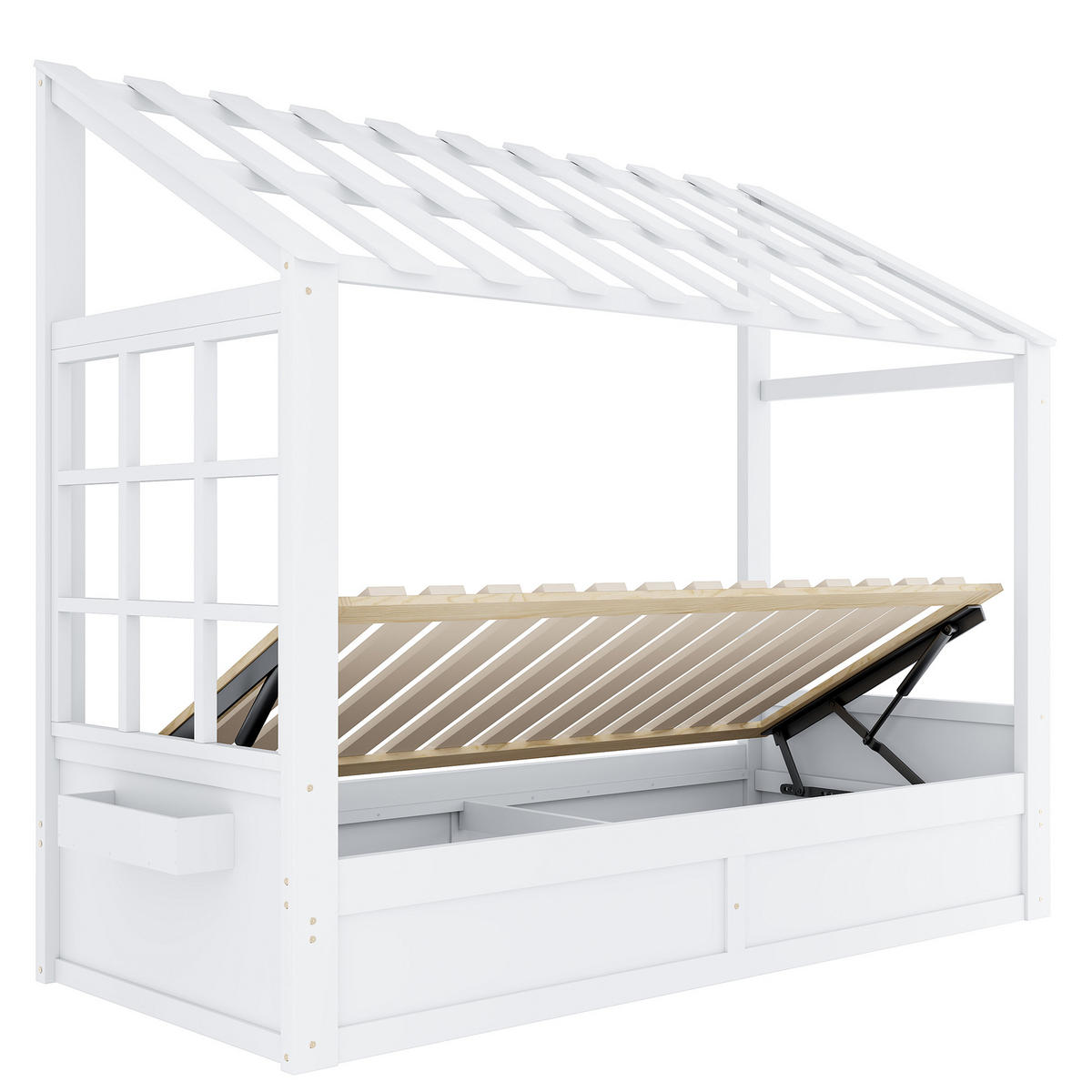 HAUSBETT 90/200 cm mit Dach und hydraulischem Stauraum, DE-41620, in Weiß - Weiß, Holzwerkstoff (90/200cm) - ComfortXL