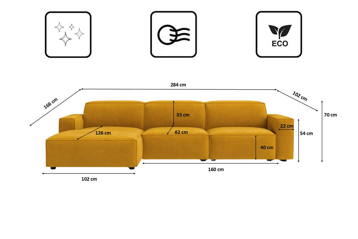 ECKSOFA Cursal L-Form, Stoff Salvador, Gelb, Links - Gelb, Holz (284/166cm) - Kaiser Möbel
