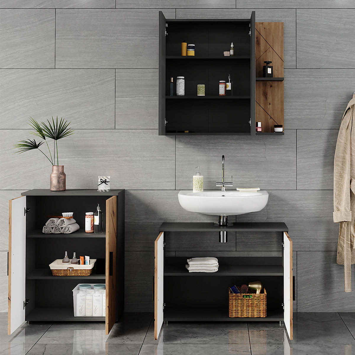 BADMÖBEL-SET Irma Anthrazit/Artisan 3 Teile - Anthrazit/Hellgrau, Holzwerkstoff (80/59/30cm) - Vicco