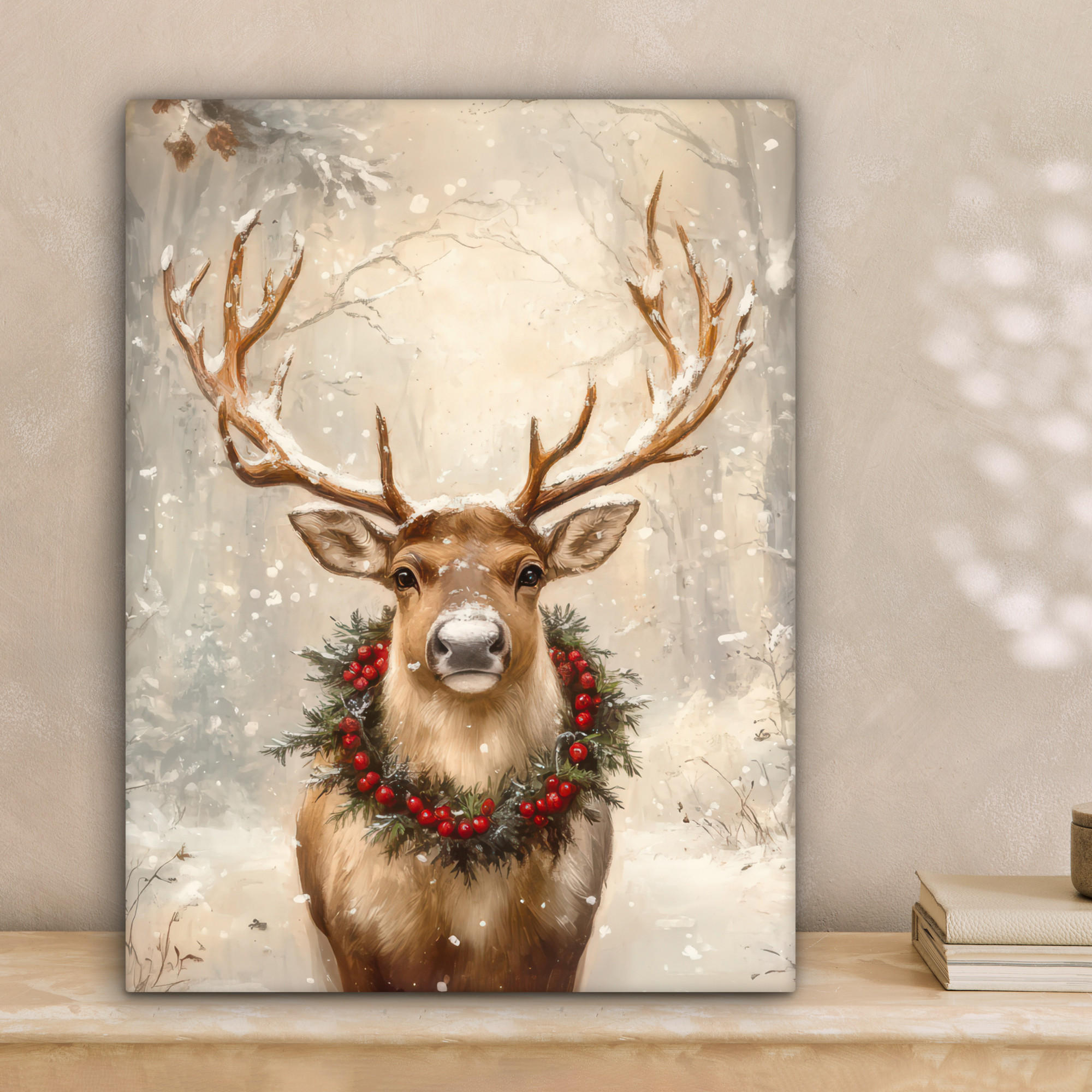 LEINWANDBILD Weihnachten - Rentier - Winter - Kranz 30x40 cm - Naturfarben, Textil (30/40cm) - MuchoWow