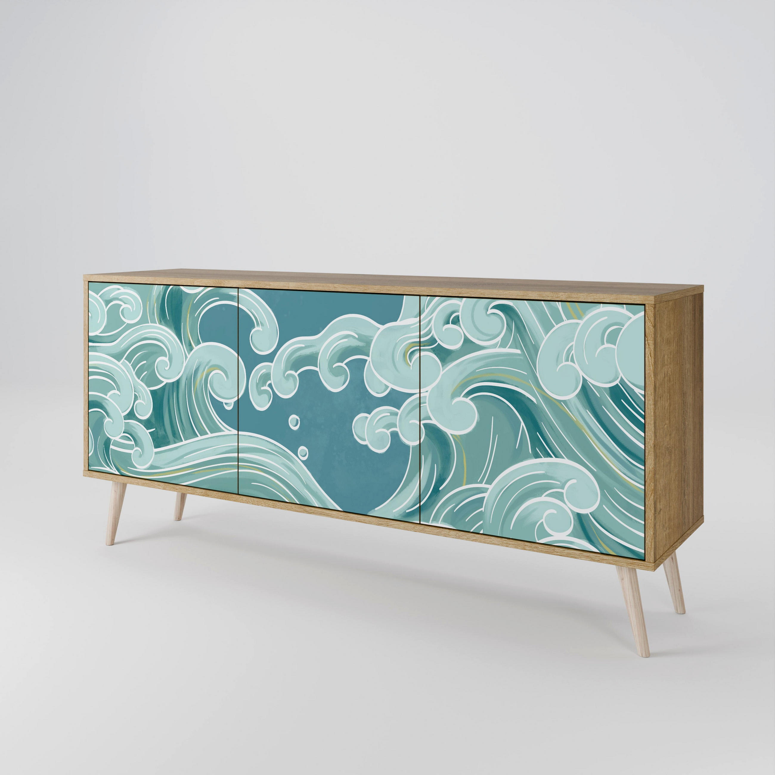 SIDEBOARD ASIAN SWAY, Eicheneffekt, 164,5x42x77,5 cm, 3 Türen - Eichefarben/Buchefarben, Holzwerkstoff/Buchenholz (164.5/77.5/42cm) - SpaceRebels