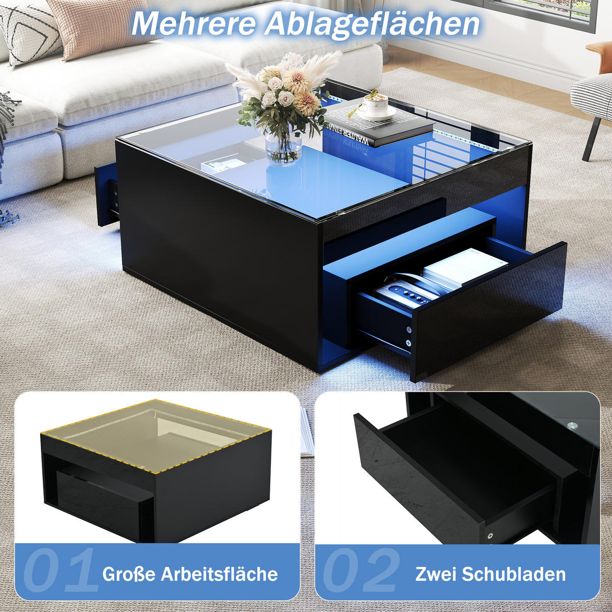 COUCHTISCH 70/70/35 cm Glasplatte LED Schubladen MDF Hochglanz Schwarz modern kompakt - Schwarz, Glas/Holzwerkstoff (70/70/35cm) - EVRYAE