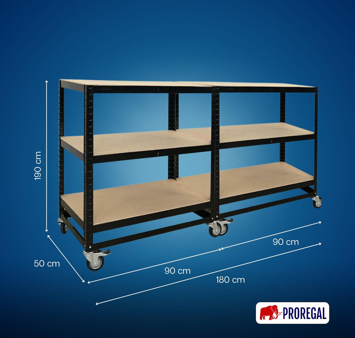 KOMMISSIONIERWAGEN 2er Set BÜFFEL 100x90x50cm 3 Ebenen Fachlast 50kg 2X Lenkrollen & 2X Lenkrollen mit Feststellbremse Schwarz - Schwarz, Metall (180/100/50cm) - PROREGAL
