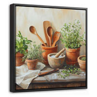 LEINWAND Bilder mit Rahmen - Töpfe - Kräuter - Holz - 20x20 - Terracotta, Textil (20/20cm) - MuchoWow