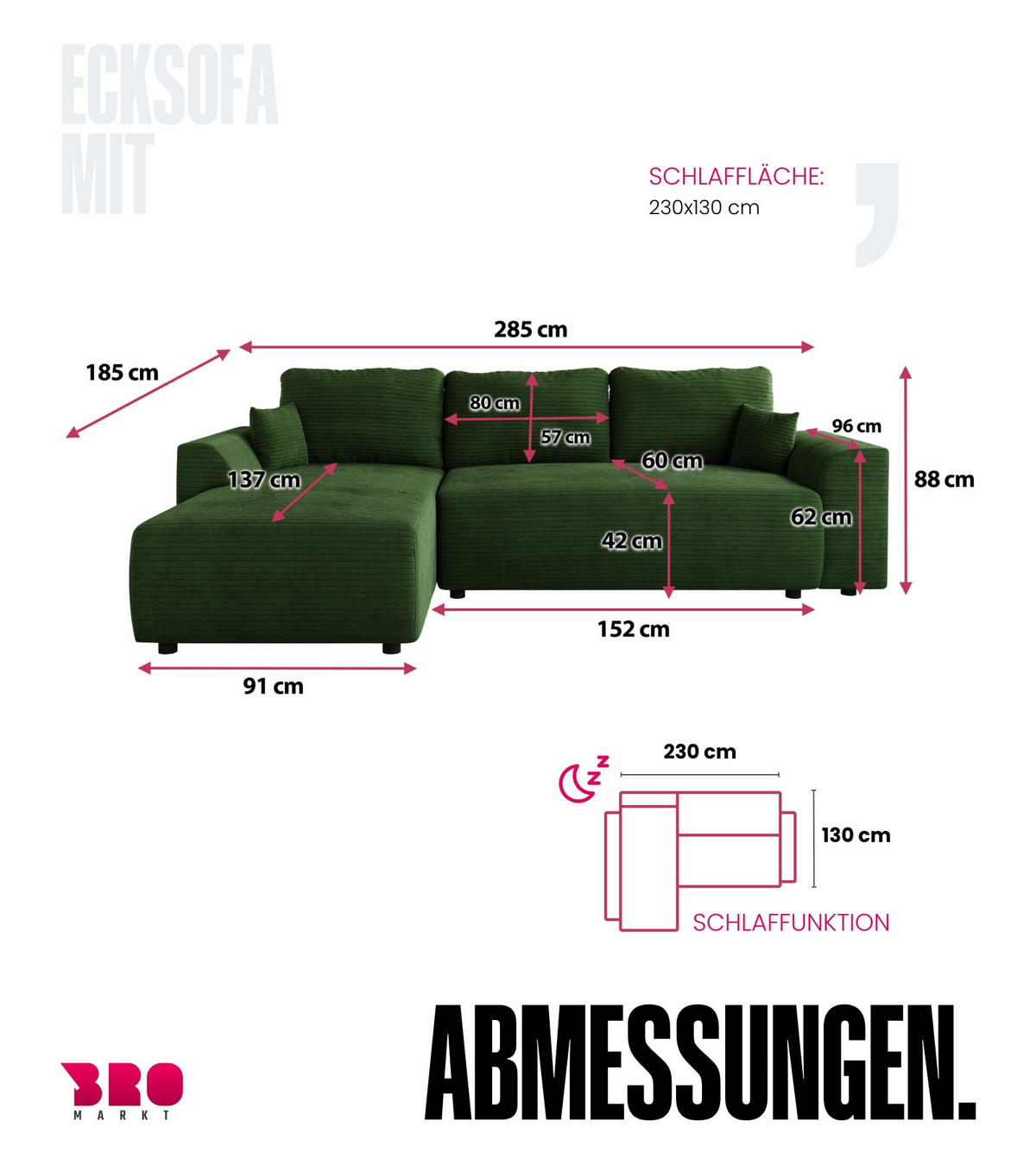 ECKSOFA Romeo mit Schlaffunktion Grün - Grün, Textil (285/185cm) - Bromarkt