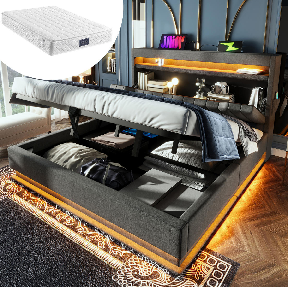 ČALÚNENÁ posteľ 160/200 cm, sivá, ľanový poťah, LED, úložný priestor, matrac - sivá, textil (160/200cm) - BEAOK