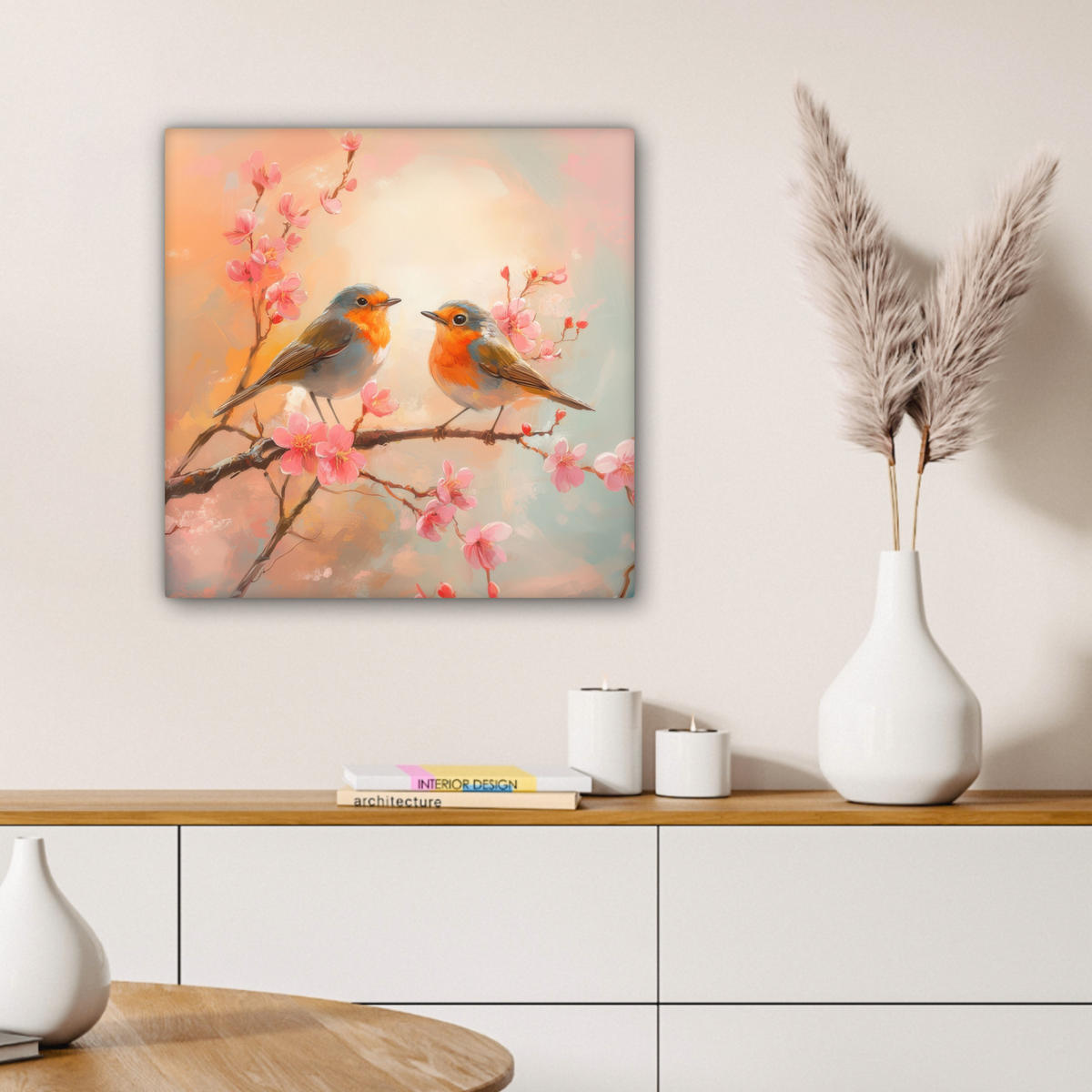 LEINWANDBILD Rotkehlchen - Zierpflanze - Blütenzweig 50x50 cm - Hellrosa, Textil (50/50cm) - MuchoWow