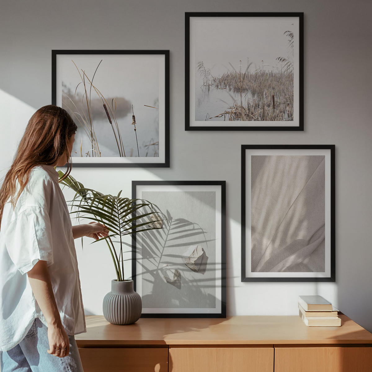 BILDER SET 4er Set - 50x50 cm & 40x60 cm Schwarzer Rahmen - Nahaufnahmen der Struktur im Boho-Stil - Schwarz, Kunststoff (50/50cm) - TULUP