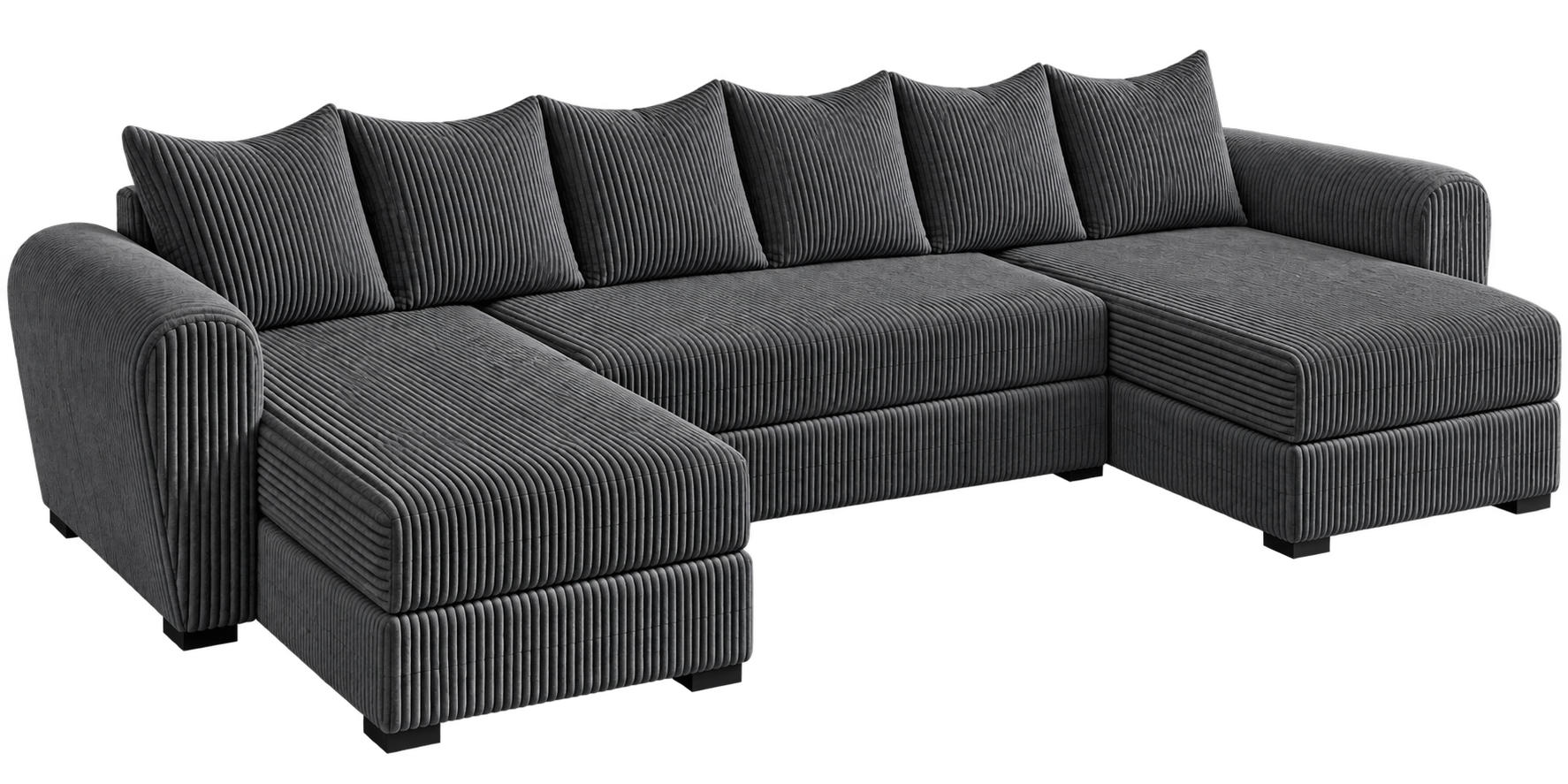 WOHNLANDSCHAFT PUMA U 308 cm – Cord Sofa in U-Form mit Schlaffunktion, Bettkasten und weichem Cordbezug - Dunkelgrau/Schwarz, Kunststoff (308/85/140cm)