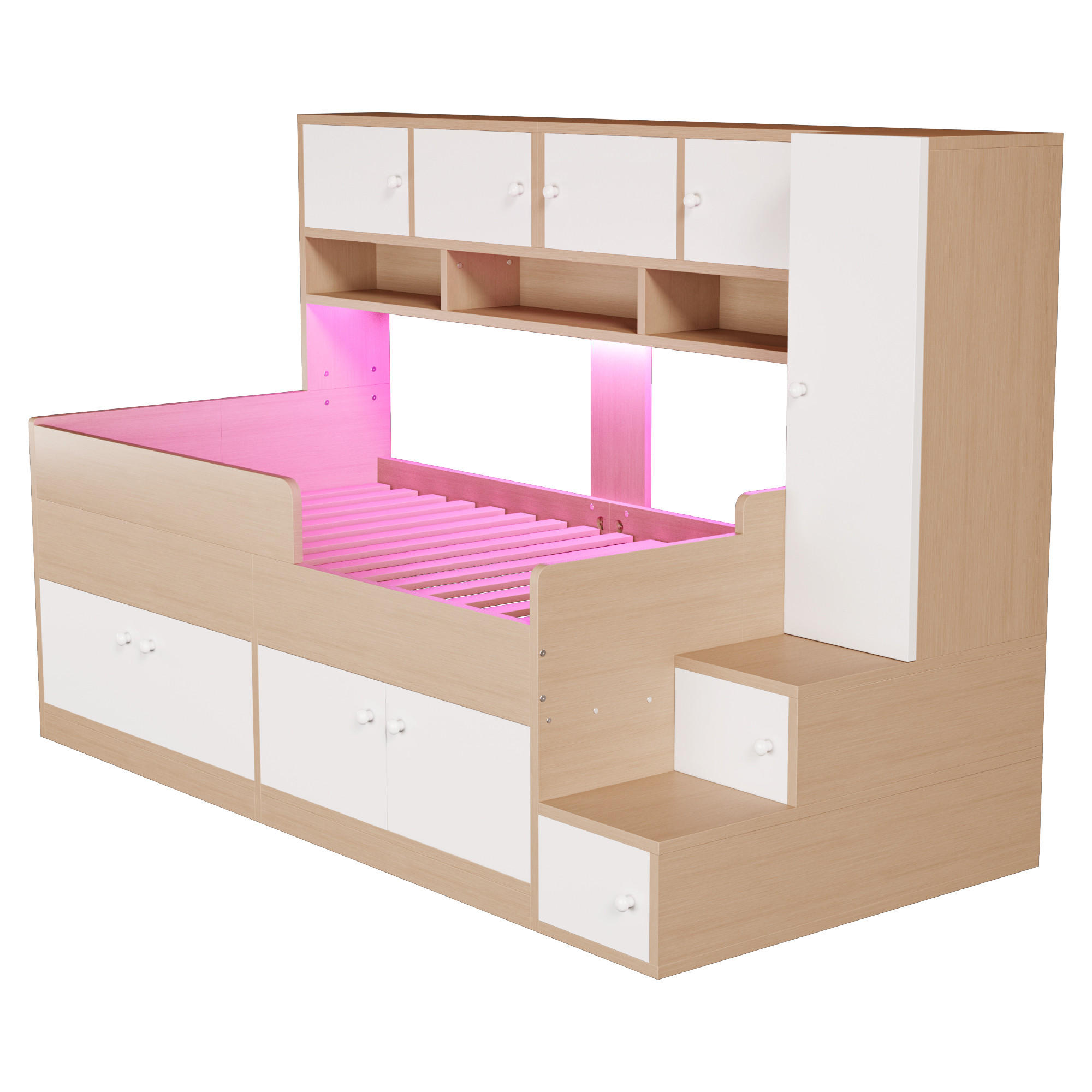 STAURRAUMBETT 90/200 cm DE-01518, in Holzfarbe, mit Kleiderschrank, Kletterleiter und LED-Beleuchtung - Naturfarben, Holzwerkstoff (90/200cm) - ComfortXL