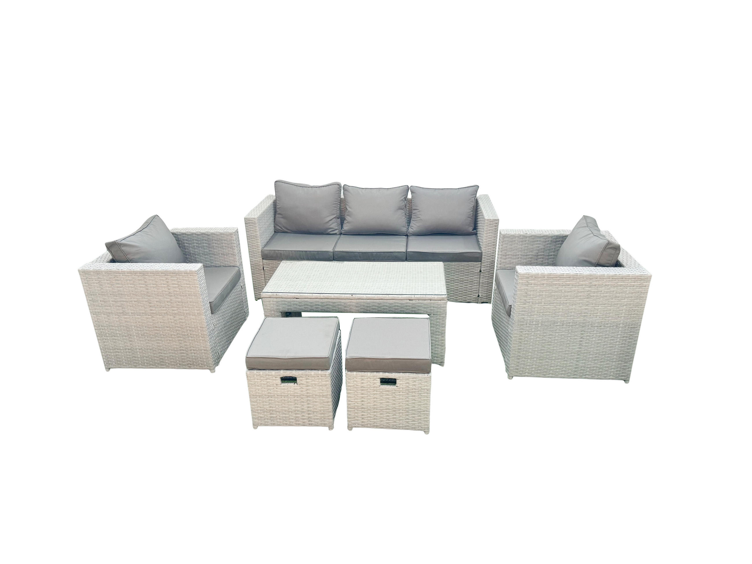 GARTENSET mit 3-SITZER SOFA,COUCHTISCH Polyrattan Hellgrau-Mix 7-Sitzer - Hellgrau/Grau, Glas/Kunststoff - Fimous