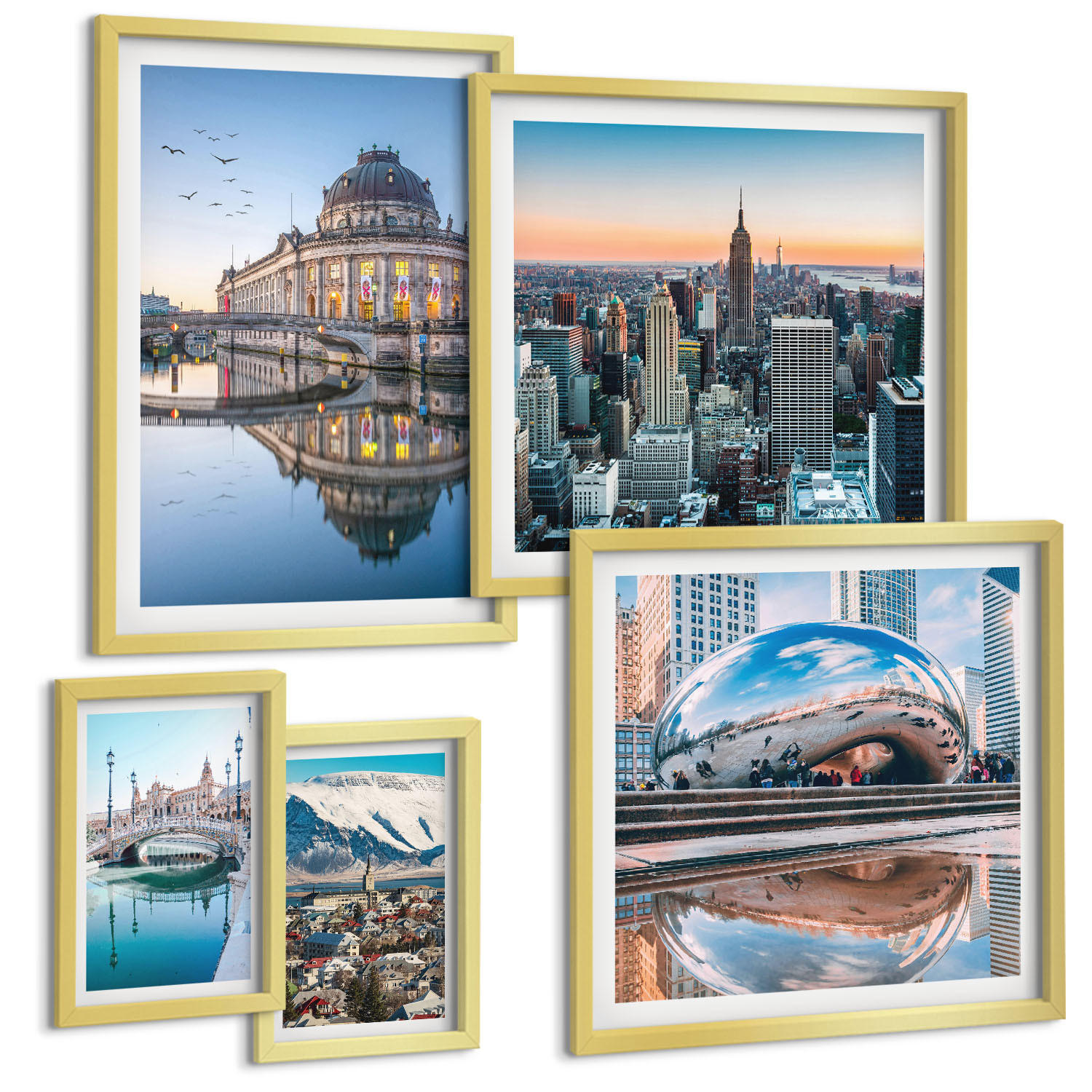 BILDER SET 5er Set - 50x50 cm & 20x30 cm & 40x60 cm Goldrahmen - Architektur von Städten am Wasser - Goldfarben, Kunststoff (40/60cm) - TULUP