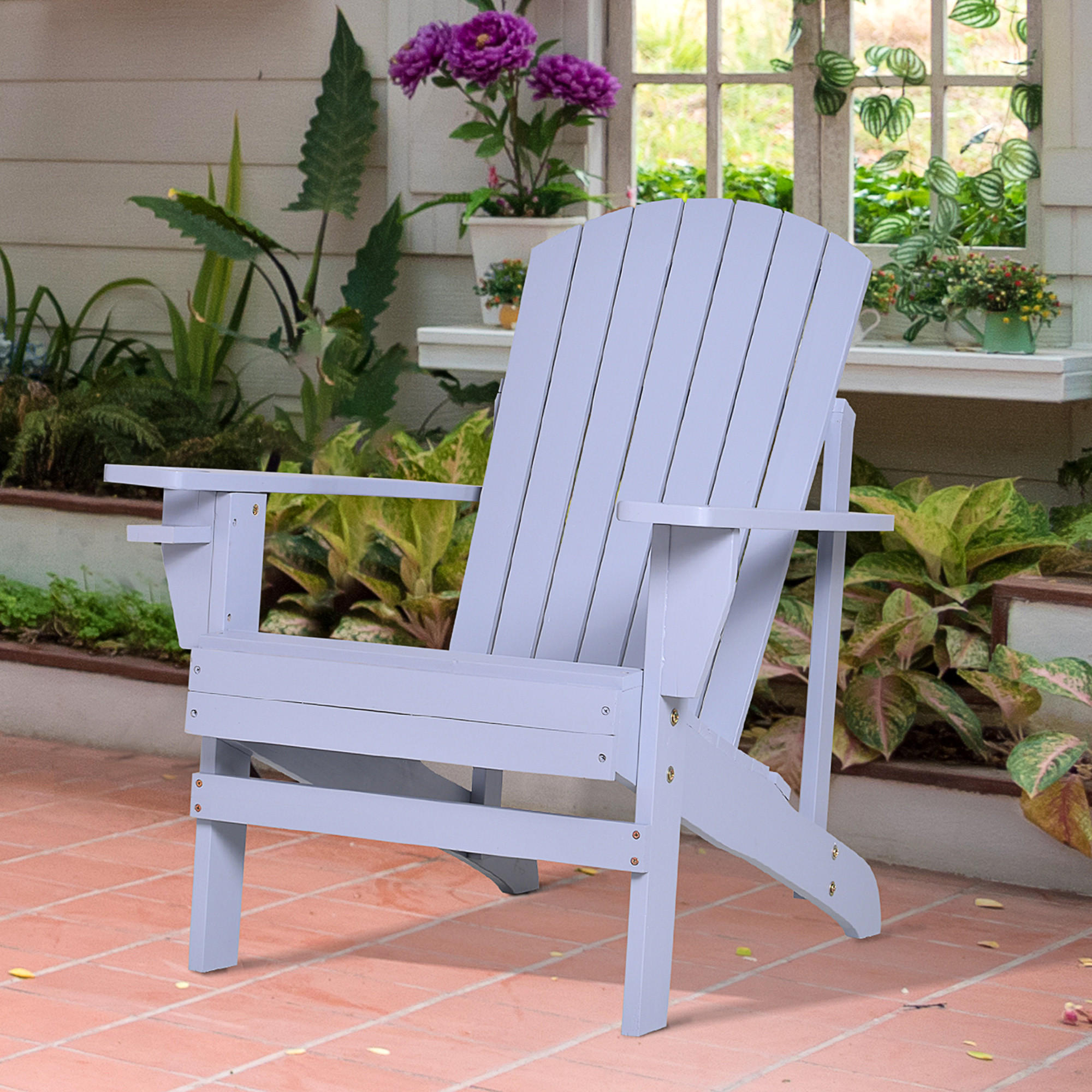 ADIRONDACK-GARTENSTUHL, mit Becherhalter, Gartenliege, Balkonstuhl, Massivholz, Grau - Grau, Holz (97/93/72.5cm) - Outsunny