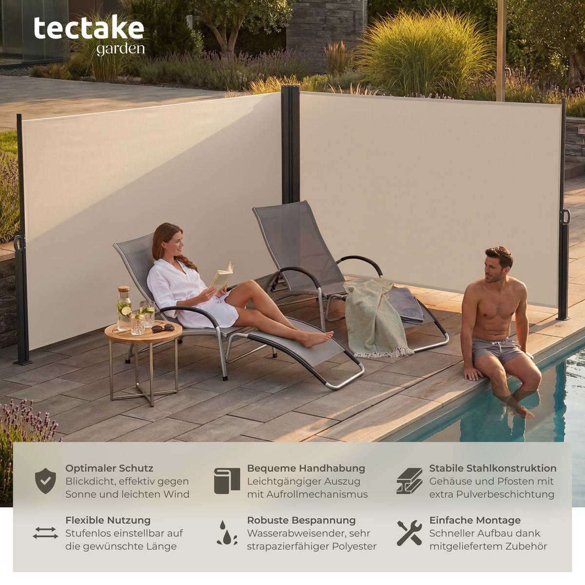 DOPPEL-SEITENMARKISE , ausziehbar, mit Aufrollmechanismus, beige - Beige, Textil (600/160/9cm) - tectake