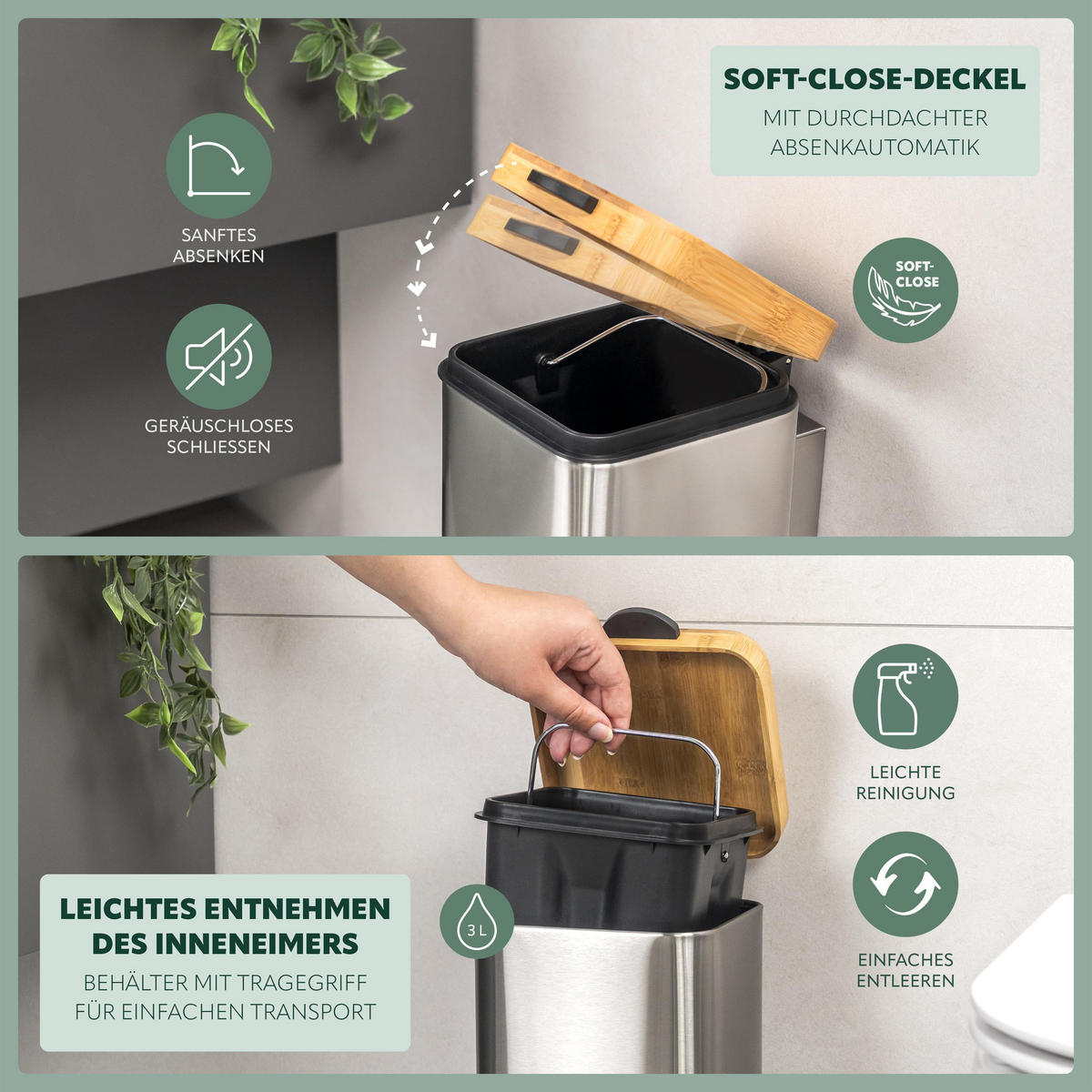 WAND-KOSMETIKEIMER 3 L, eckig, Edelstahl - Edelstahlfarben, Metall (16/24/23cm) - bremermann