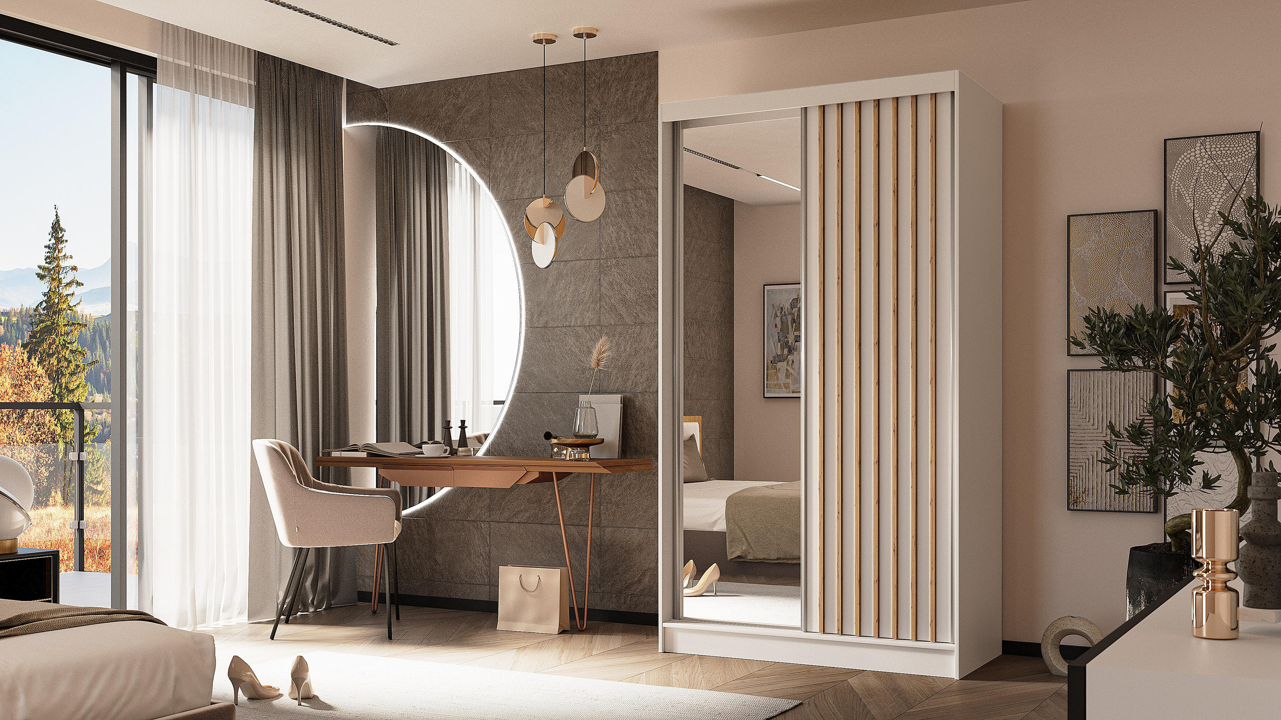 KLEIDERSCHRANK mit Spiegel-Schiebetüren und Aluminium-Leisten - LAMELO - 120 cm Weiß+Weiß+Artisan - Weiß, Holzwerkstoff (120/216/61cm) - ALTDECOR