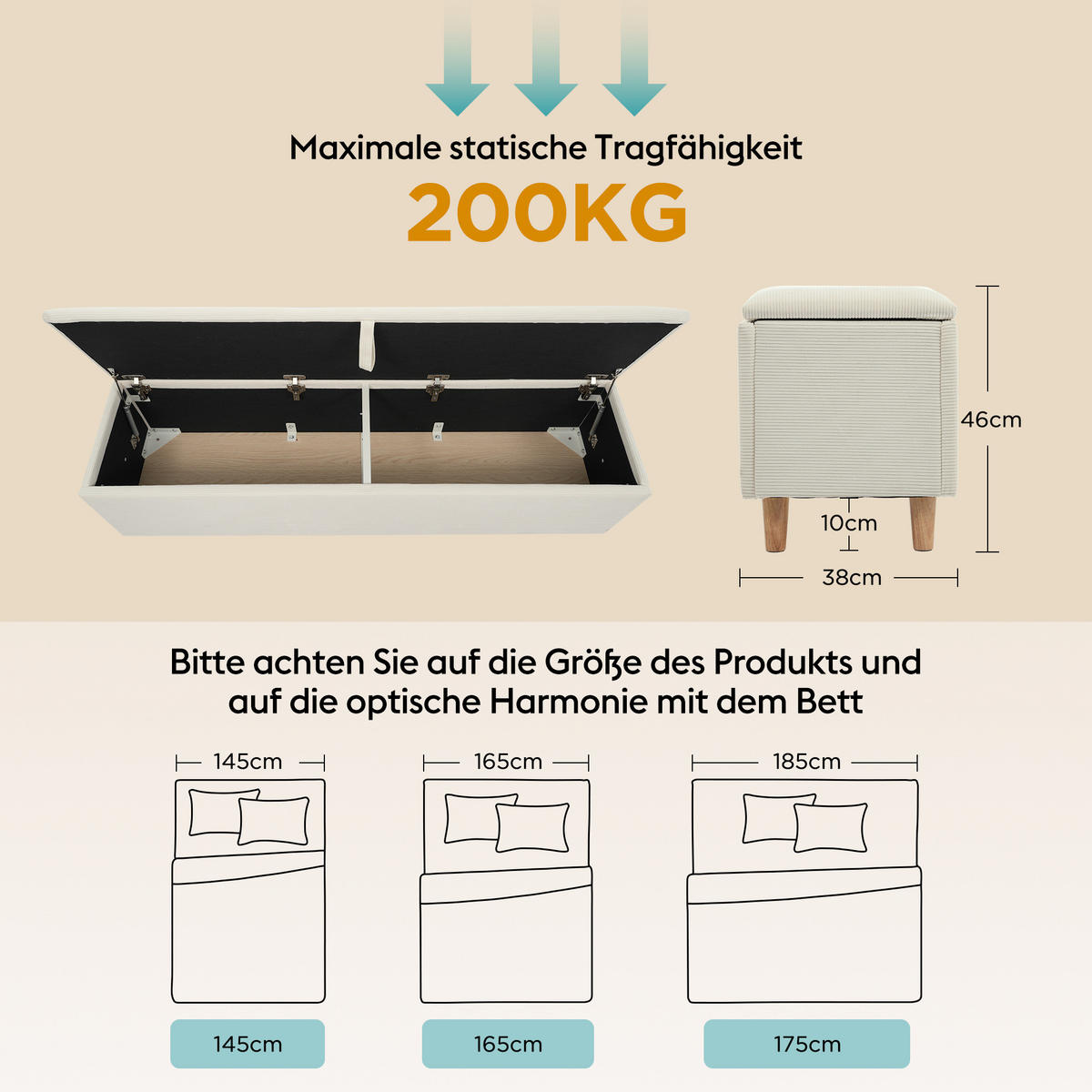 POSTEĽS úložným priestorom a nastaviteľným čelom (vrátane lavice) - béžová, kompozitné drevo/textil - Urban Meuble