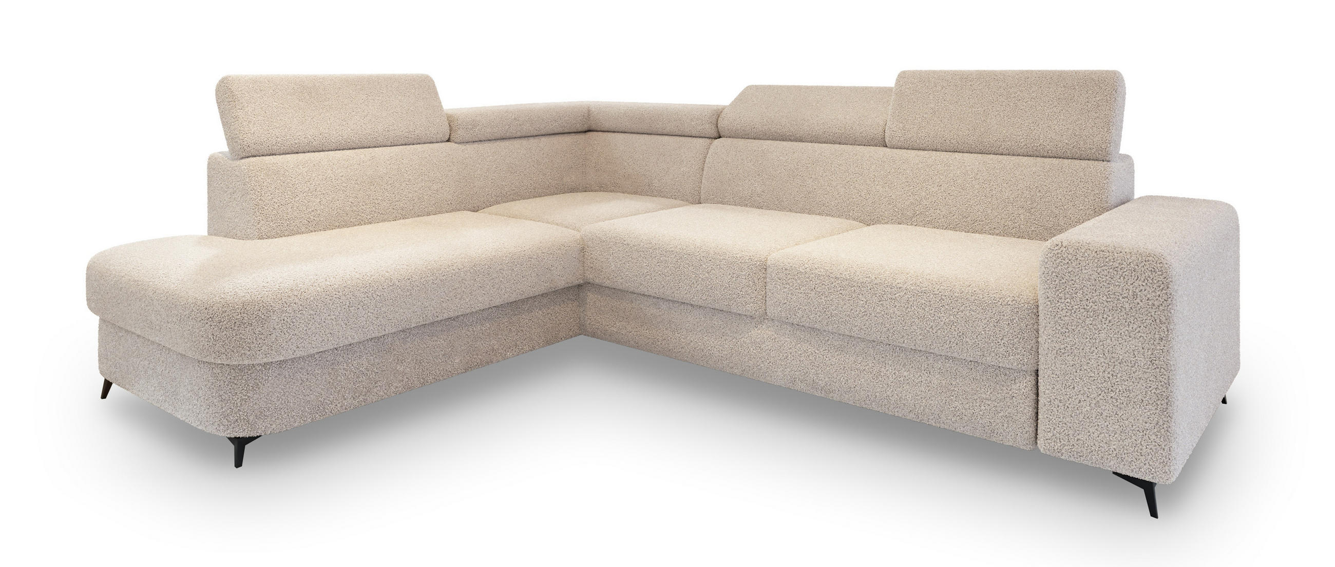 ECKSOFA ALVORO L-S Creme Boucle-Stoff mit Schlaffunktion - Creme, Holz (253/190cm) - MASSENO
