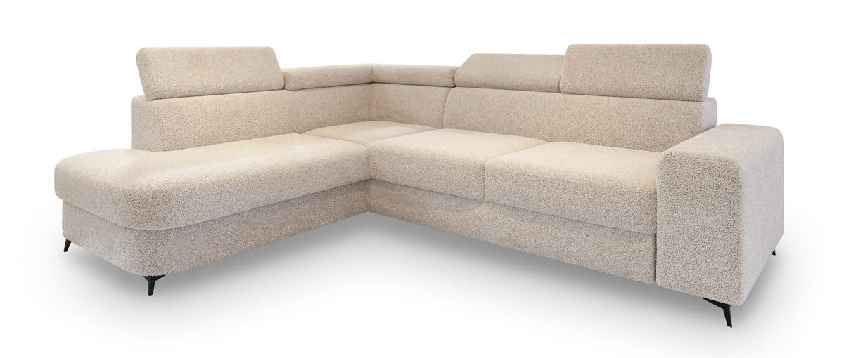 ECKSOFA ALVORO L-S Creme Boucle-Stoff mit Schlaffunktion - Creme, Holz (253/190cm) - MASSENO