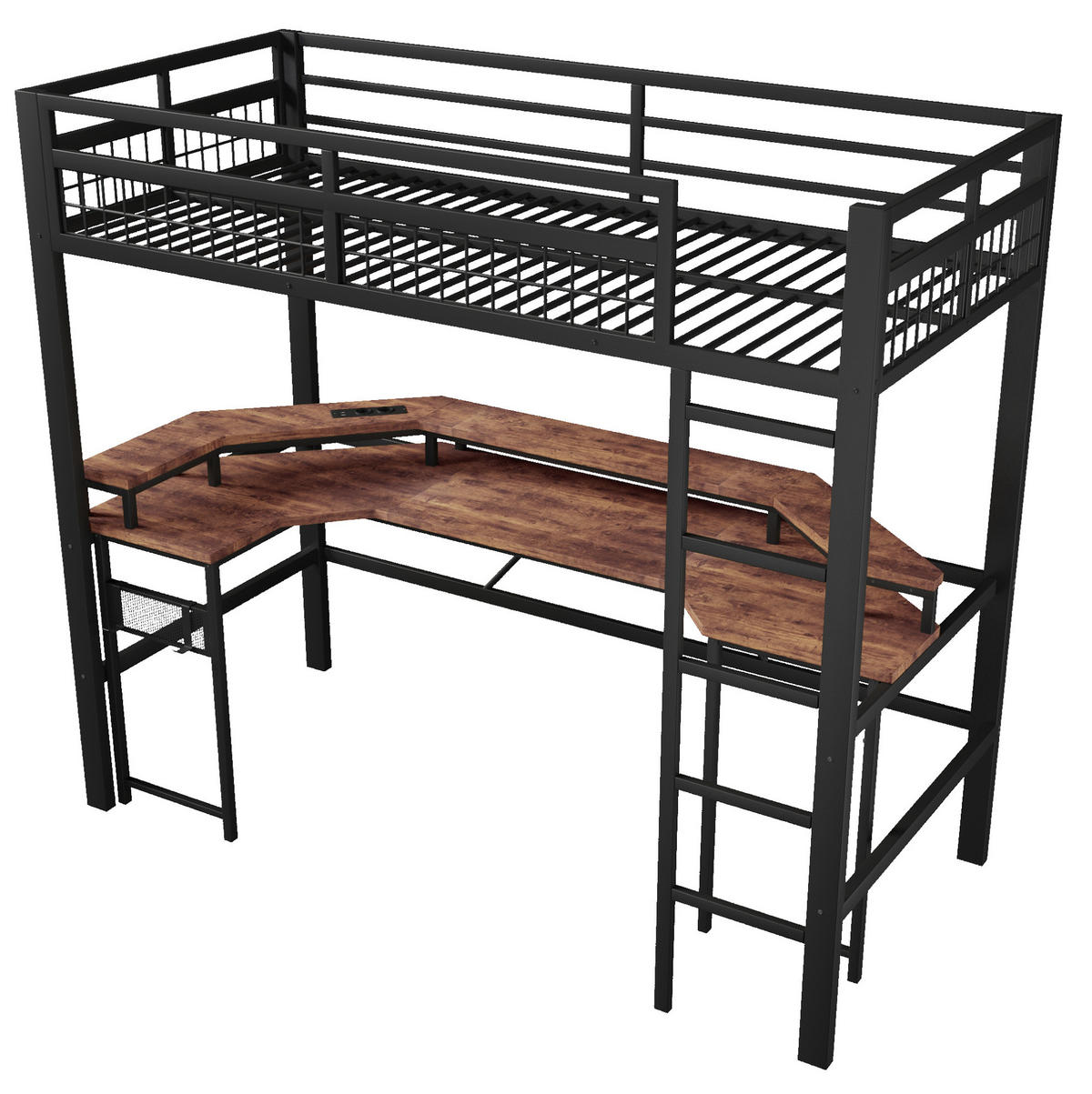 HOCHBETT aus Metall und MDF 90x200 cm Schwarz mit Schreibtisch, LED-Beleuchtung, USB-C und Lochwand - Schwarz, Metall (90/200cm) - Modfu
