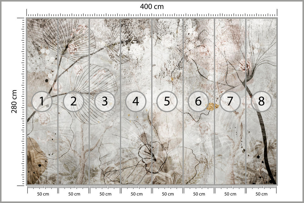 FOTOTAPETE für Wohnzimmer Vintage Blätter Blumen Beton Abstrakt 400x280 - Gelb/Orange, Papier (400/280cm) - Muralo