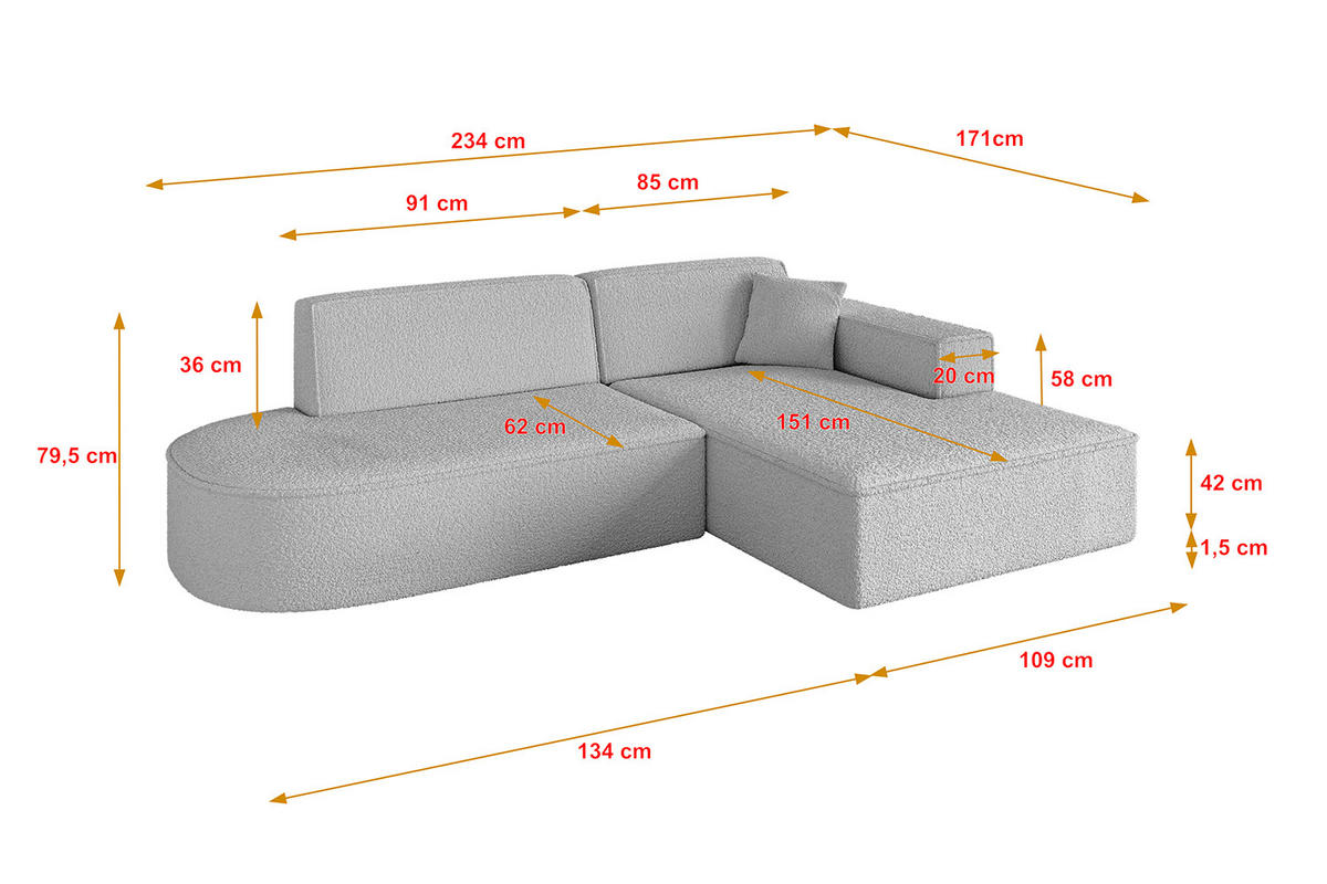 ECKSOFA Ottomane Rechts IREA-L1-v4 - 234x171x79 cm Hellgrau - Hellgrau, Holzwerkstoff/Textil (171/234cm) - ALTDECOR