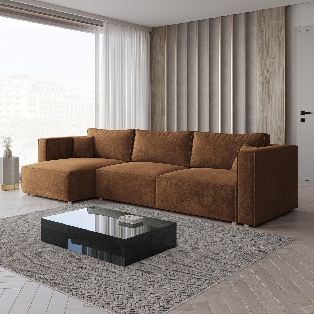 ROHOVÁ Sedačka TOLMO LUMO 35, Světle hnědá - šedá/světle hnědá, dřevo/textil (347/148cm) - MASSENO