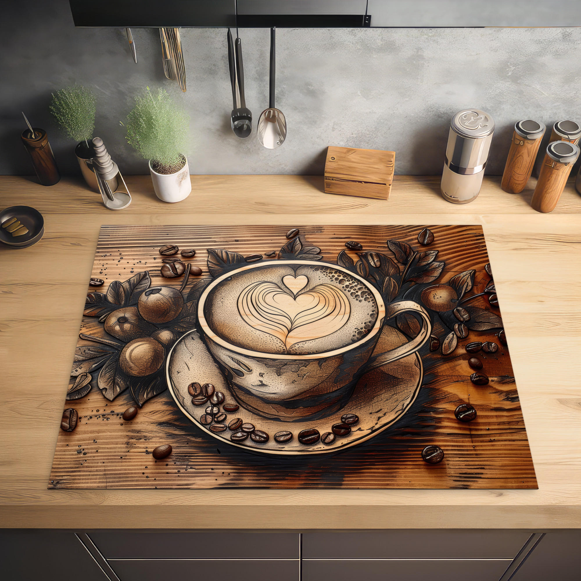HERDABDECKPLATTE Kaffee - Vintage - Braun - Tasse - Holz 77x59 cm - Cappuccino, Kunststoff (77/0.2/59cm) - MuchoWow